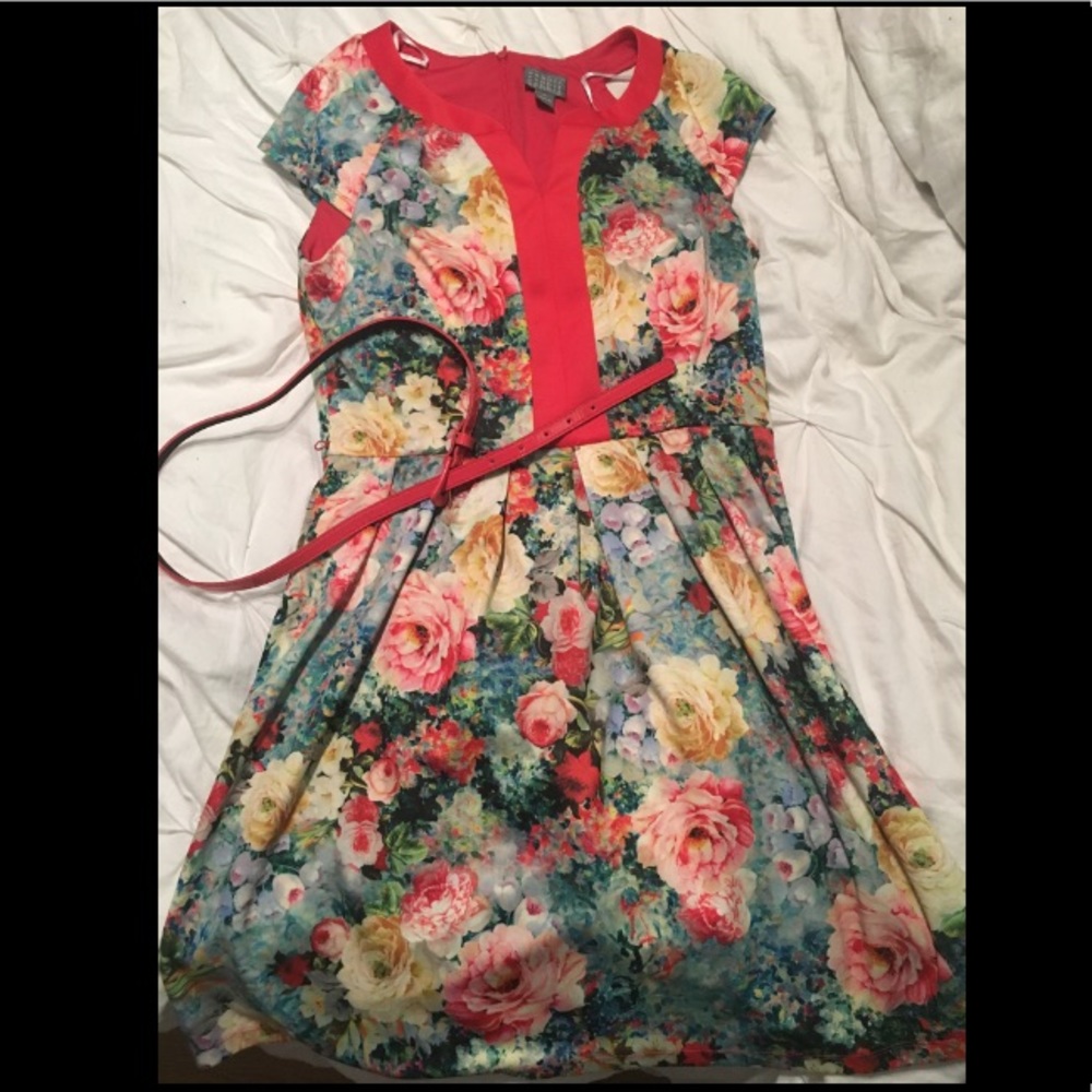 Size 12 🌺Dress w/ Belt🌼 Floral Pink Green Yellow